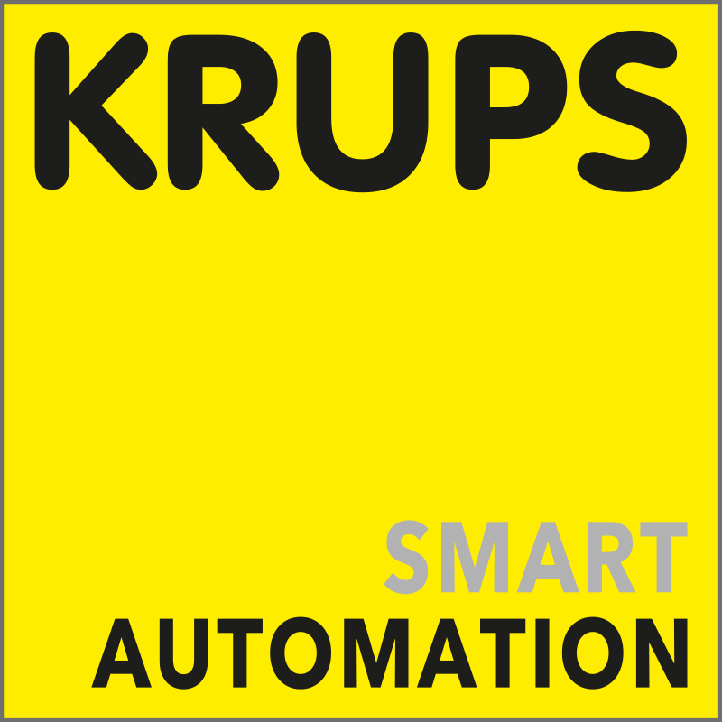Das Logo von KRUPS mit dem Slogan "SMART AUTOMATION" auf leuchtendem gelben Hintergrund. Der Markenname ist in großen, fettgedruckten Buchstaben geschrieben, während der Slogan in einer kleineren Schrift und in grauer Farbe angezeigt wird.