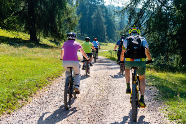 Eine Gruppe von Radfahrern auf einem Schotterweg, umgeben von grünen Wiesen und Bäumen. Ein Radfahrer in lila T-Shirt führt die Gruppe an, während die anderen in sportlicher Kleidung folgen. Die Sonne scheint durch die Bäume.