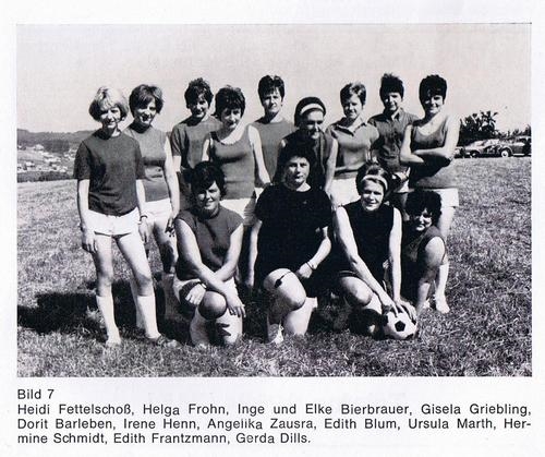 Eine Gruppe von zehn Personen steht auf einem Fußballfeld in sportlicher Kleidung. Einige Personen hocken, während andere stehen, um die Kamera zu betrachten. Der Hintergrund zeigt eine grüne Wiese und einen klaren Himmel.